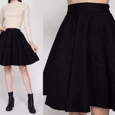 XS 60s Black Felt Mini Circle Skirt | Vintage 1960s High Waisted Retro Gothic Miniskirt 