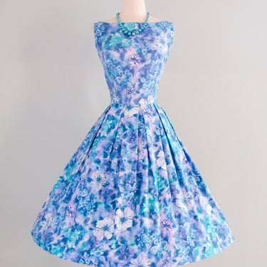 Beautiful 1950's Periwinkle Haze Watercolor Floral Cotton Day Dress / Sz M