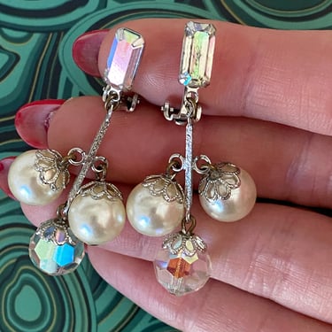50s Delicate Crystal &amp; Faux Pearl Dangles