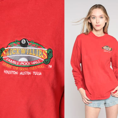 Vintage Slick Willie's Shirt 90s Red Pool Hall Shirt Houston Austin Texas Graphic Tee Long sleeve Tulsa Retro Bar T Shirt 1990s Large L 