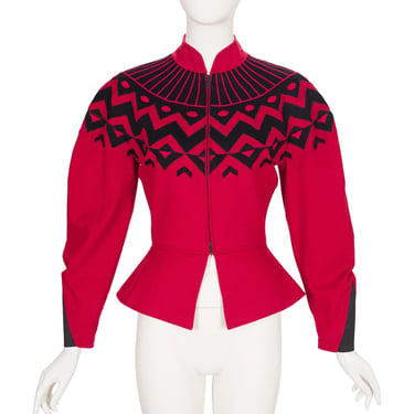 Claude Montana 1986-87 F/W Vintage Geometric Appliqué Red Wool Peplum Jacket Sz S 