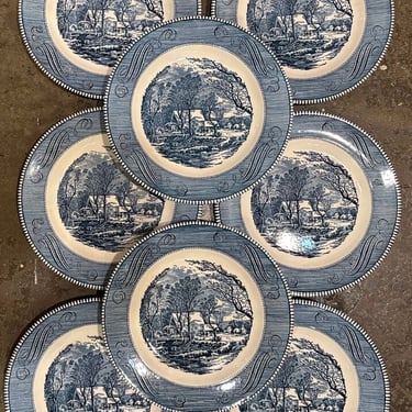 CURRIER &amp; IVES BLUE AND WHITE PLATES - SET OF 8 | 10&quot; DIAMETER