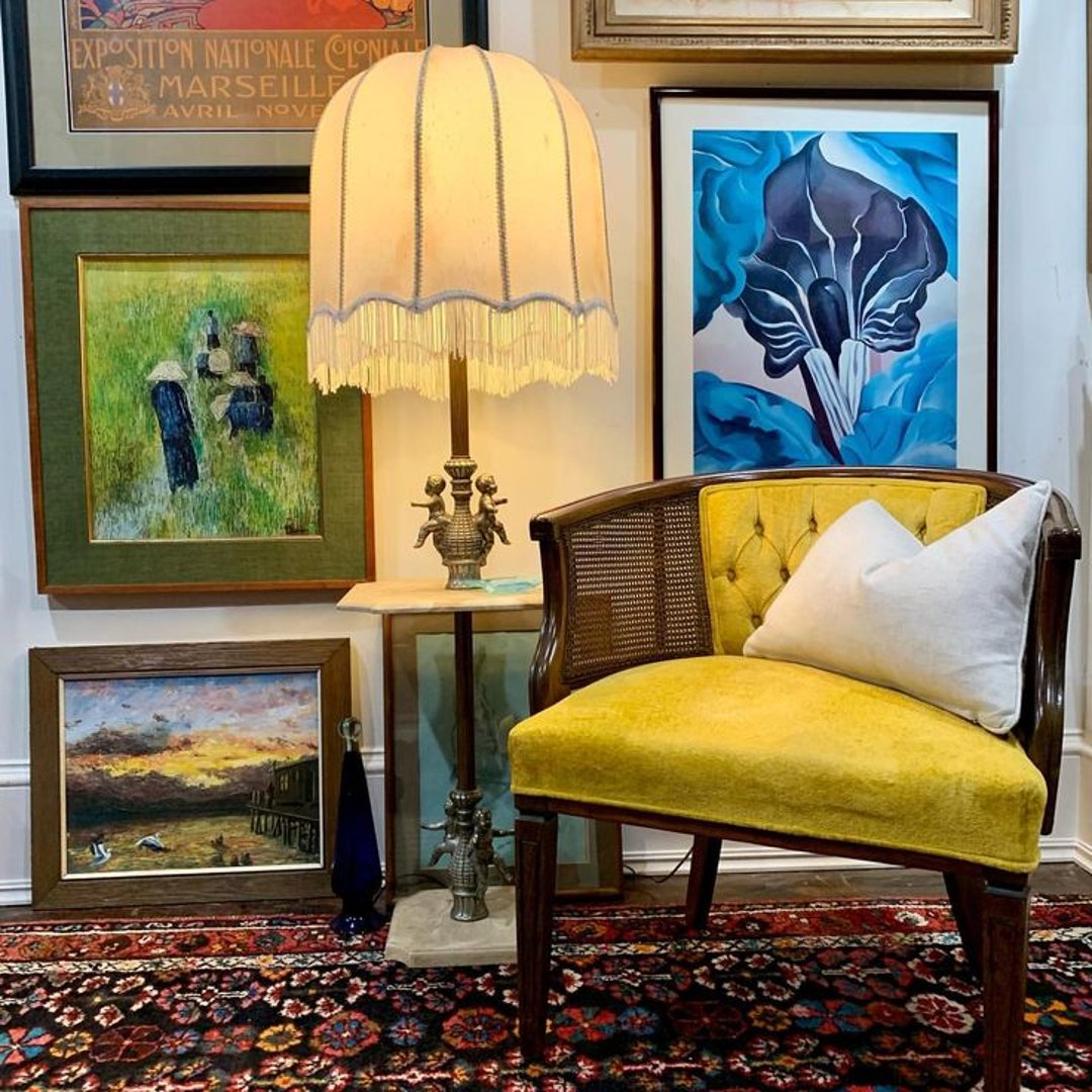 Gold velvet chair with marble table cherub lamp 1830 DC CLOSED