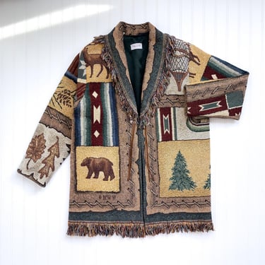 tapestry jacket 90s vintage Jan's Jems bear deer fish woven fringe blanket coat 