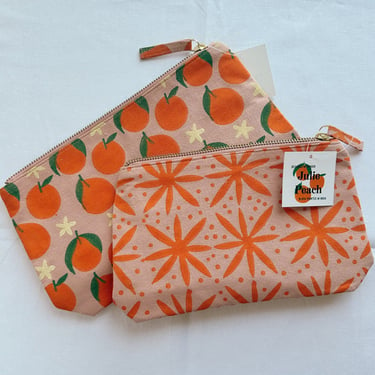 tangerines set of 2. block printed zipper pouch. makeup bag. pencil case. travel cosmetic. coastal gift for her. PREORDER SHIPS APPX 7/25 