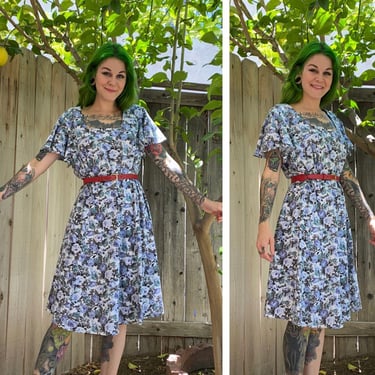 Vintage 1990’s Blue Floral Dress with Flared Sleeves 