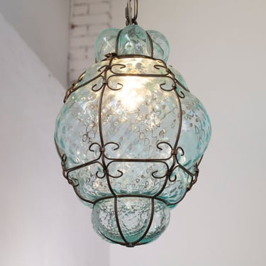 Murano glass blown aquamarine color lantern lamp, Made in Italy vintage style chandelier 