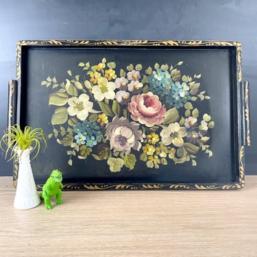 Floral painted oversized wood serving tray with handles - 1950s vintage 