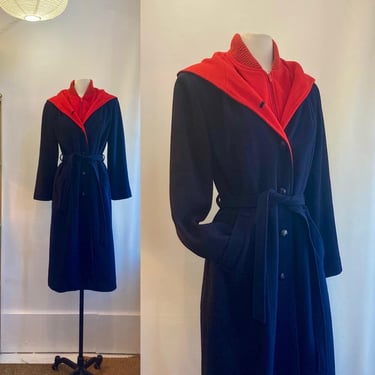 Vintage 70s Wool Coat / MacIntosh VESTCOAT / Navy Blue + Red / HOOD + Sash Tie + Wood Buttons + Felt Lined Pockets / RARE Maxi Length 