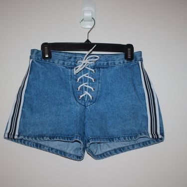 Vintage Y2K Mid Rise Denim Shorts with Athletic Stripe, Size Small/Medium 