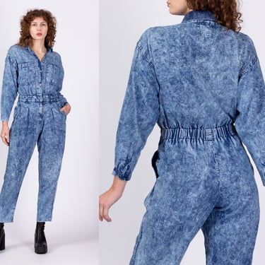 80s Acid Wash Jumpsuit - Small to Medium | Vintage Chambray Denim Snap Up Blue Jean Coverall Pantsuit 