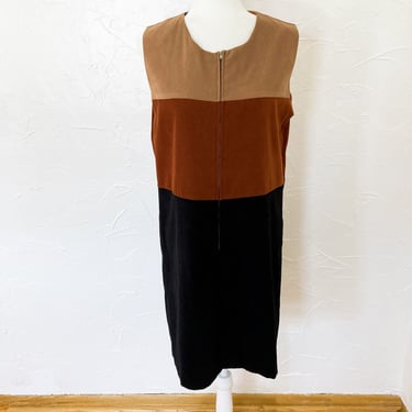 90s Colorblock Brown Black Faux Suede Zipper Front Shift Dress | Medium 