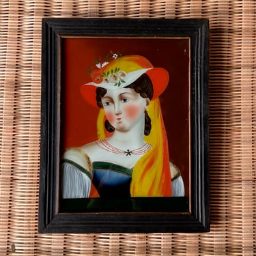 19th C. Folk Art Reverse Painting on Glass of a Lady