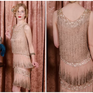 1920s Dress - Heavily Beaded Pale Peach 20s Flapper Dress with Bloused Waist and Scalloped, Tiered Skirt 