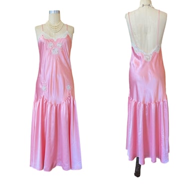 1980s nightgown, pink satin, vintage lingerie, drop waist, flapper style, low back, 1920s style nightie, applique lace, medium, Sara Beth 