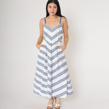 Vintage Sundress Chevron 70s 80s Striped Midi Dress Lanz Originals Blue White Boho Hippie Bohemian Spaghetti Strap Sun High Waist Small S 