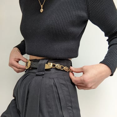 Vintage Black Leather & Brass-Toned Chain Belt