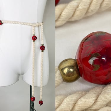 1960s Cream Rope Tassel Belt w Cherry Red Hand Painted Seeded Beads 56