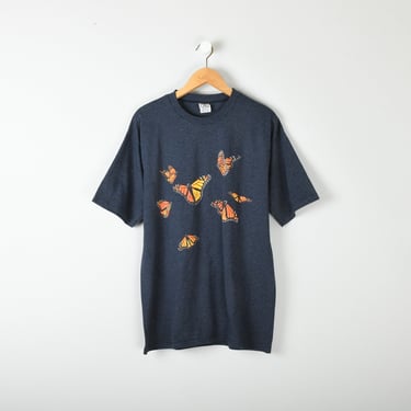 Butterflies Navy-Striped Tee - oversized wildlife t-shirt, nature, animals - Men's L or Men's XL 