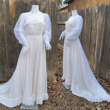 1980's Off White Polka Dot Lace Victorian Style Western Wedding Dress I Sz Med 