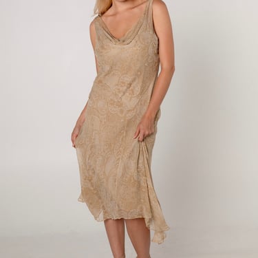 Gold Floral Printed Silk Chiffon Beaded Dress