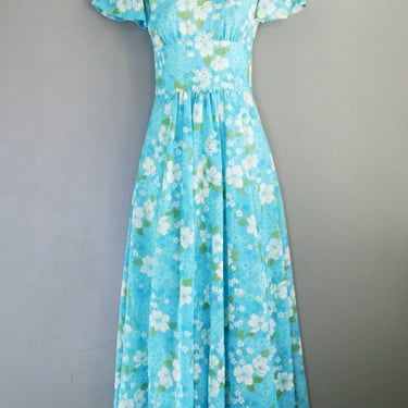 1970 -Blue  Floral Chiffon - Party Dress - Boho - Garden Party - Wedding Guest - Mod - Retro Hipster - 