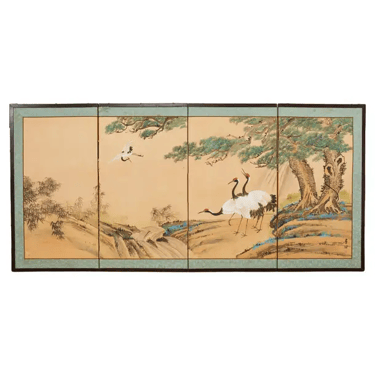 Japanese Style Four Panel Screen Cranes and Pine Trees