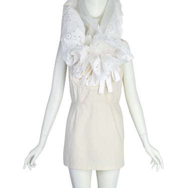 Comme des Garcons Vintage SS 2002 White Dramatic Sheer Eyelet Ruffle Head Wrap Tunic Top