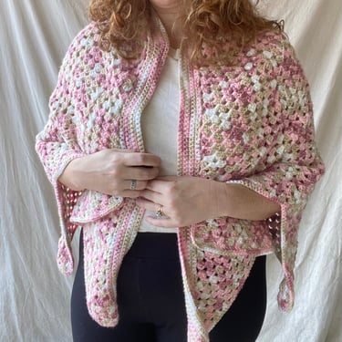 70s Hand Crocheted Shawl Poncho Pink One Size 