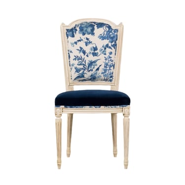 Antique French Louis XVI Style Painted Accent Side Chair in Blue Floral 