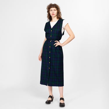 Medium 80s Pendleton Blue & Green Plaid Pinafore Dress Size 10 NWT | Retro Vintage Belted Wool Button Up Midi Dress 