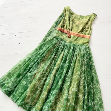 1950s Green Floral Print Chiffon Dress with Sash and Bow on Waist 
