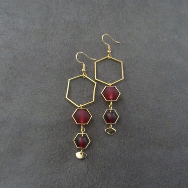 Red frosted glass and gold hexagon earrings 
