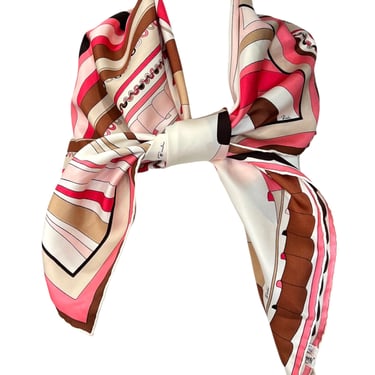 Pucci '60s Geometric Psychedelic Pink, Tan, & Black Square Silk Scarf