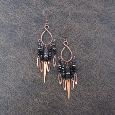 Chandelier earrings, black crystal and copper gypsy earrings 