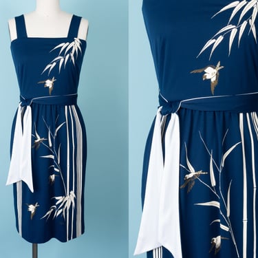 Vintage 1970s Alfred Shaheen Bamboo and Bird Print Navy and White Tank Dress with Tie Belt and Pockets 