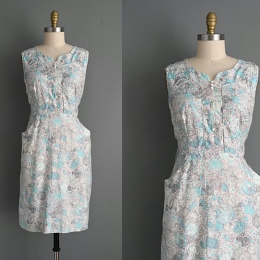 1950s vintage dress | Blue Floral Print Cotton Dress | Large | 