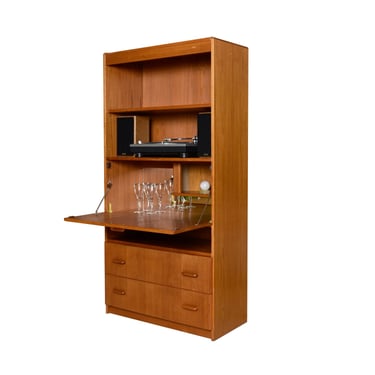 Jesper Danish Teak Bookcase Stereo Cabinet with Lighted Bar and Secretary Desk 