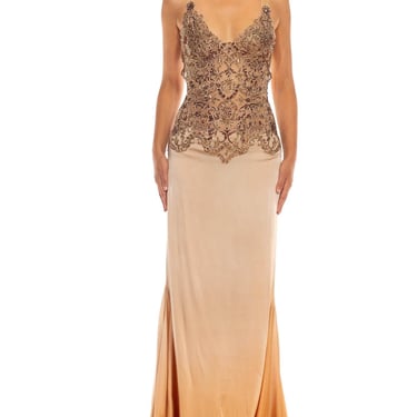 1990S Nude Silk Charmeuse Swarovski Encrusted Lace Bodice Gown With Train 