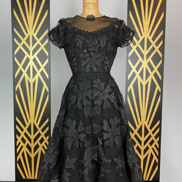 1950s cocktail dress, mrs maisel style, appliqué, sheer chiffon, soutache style, fit and flare, vintage party dress, 26 waist, full skirt 