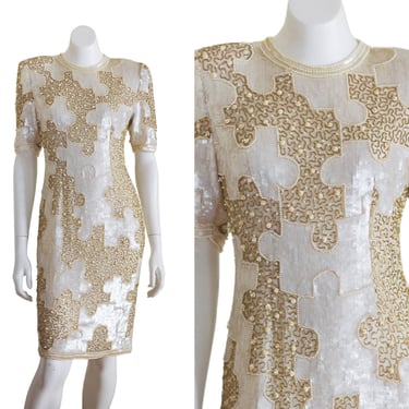 Vintage Gold and White Beaded Dress | Silk | Shoulder Pads 