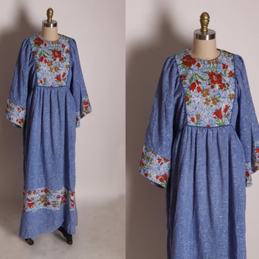 1970s Blue Chambray Denim Style Full Length Square Sleeve Floral Bodice Dress -L 