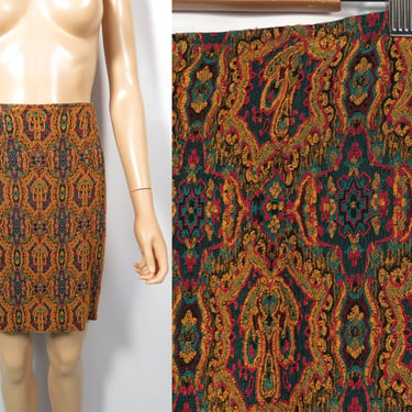 Vintage 90s Stretchy Bodycon High Waist Brocade Print Mini Skirt Made In Italy Size M 