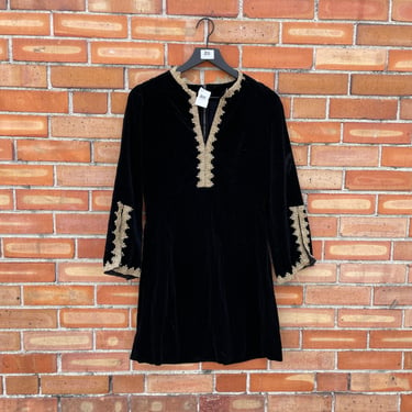 vintage 60s black velvet gold trim mini dress / m medium 