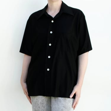 Vintage 70s Short Sleeved Nylon Button Down Shirt - Black - Quiana - XL 