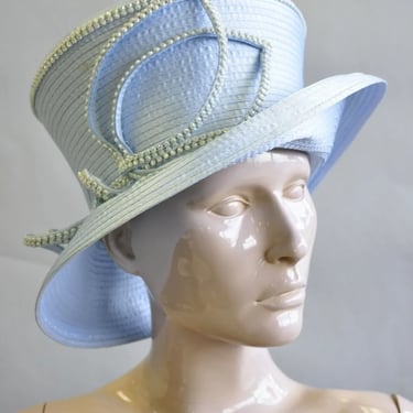 Sky Blue Beaded Ribbon Church Derby Top Hat Attributed to Shellie McDowell