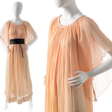 Vintage 1970s Maxi Dress | 70s Sheer Cotton Gauze Angel Sleeve Trapeze Flowy Peach Boho Kaftan Dress (x-small/small/medium/large/x-large) 