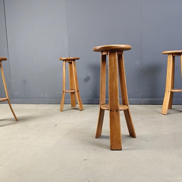 Vintage brutalist bar stools, set of 4 - 1960s - vintage wooden bar stools - brutalist stools - oak bar stools - vintage bar stools 