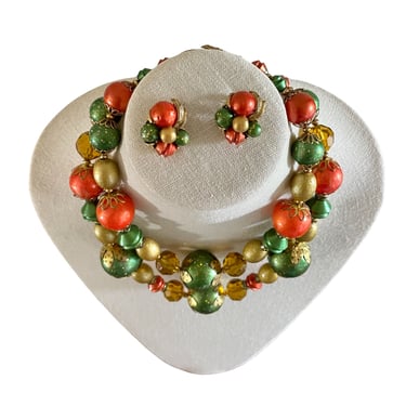 1960s Orange Green & Gold Large Bead Necklace and Earring Set - Vintage Necklace and Matching Earrings - Mid Century Necklace - 60s Earrings 