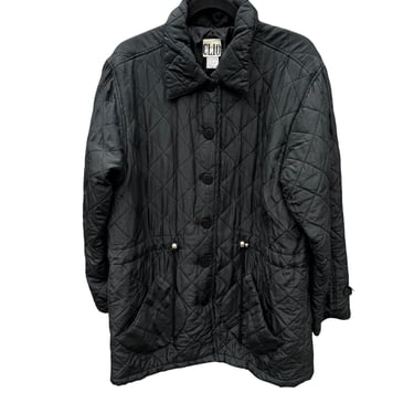 Clio Vintage Womens Black Quilted Jacket Button Front Pockets Drawstring Waist M